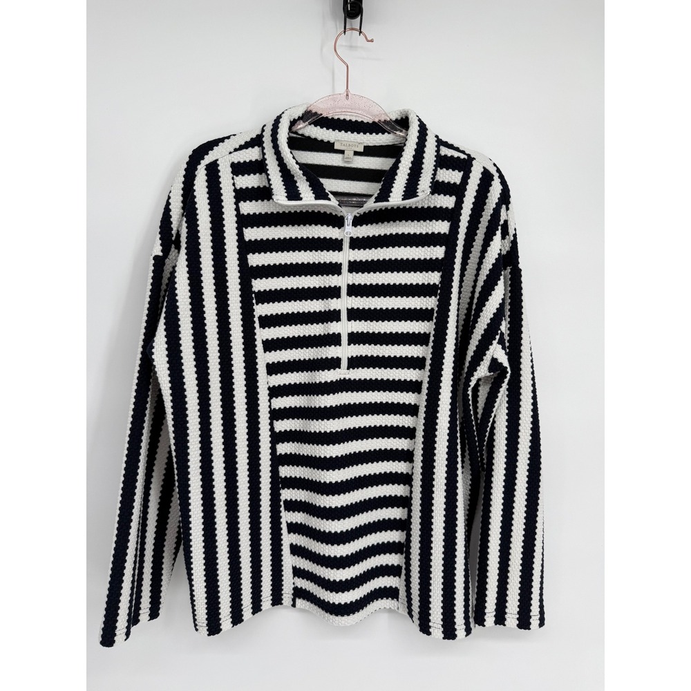 Talbots Striped Quarter Zip Pullover Sweater Size L Black White Textured Knit
